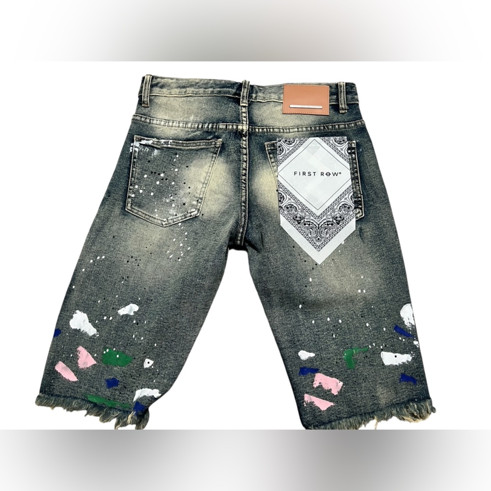 First Row Distressed Ripped Denim Jean Shorts Men’s Paint Splatter Jorts size 30 - Picture 2 of 12